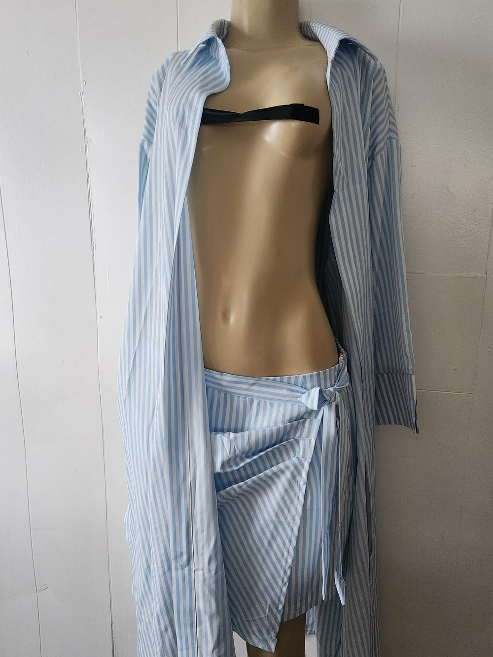 Light Blue and White Striped Shirt Dress and Wrap Skort Set
